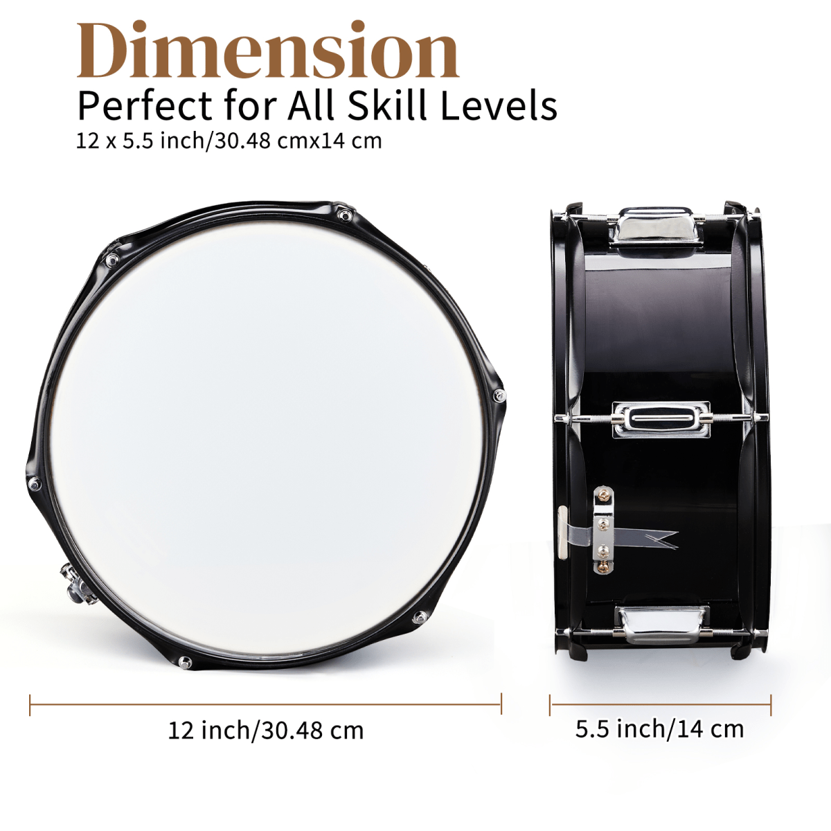 12 x 5.5 inches Professional Marching Snare Drum & Drum Stick & Strap & Wrench Kit Black - Rhythmic - Cadence