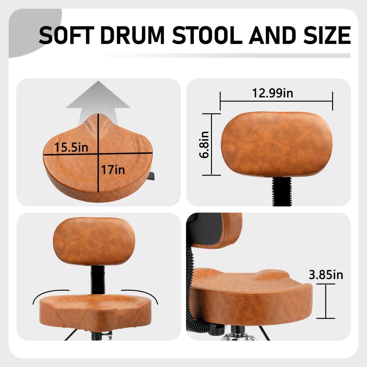 Drum Throne with Backrest, Hydraulic Drum Stool Adjustable Height, Heavy Duty Hydraulic Drum Seat Saddle Design for Drummers Brown - Rhythmic - Cadence
