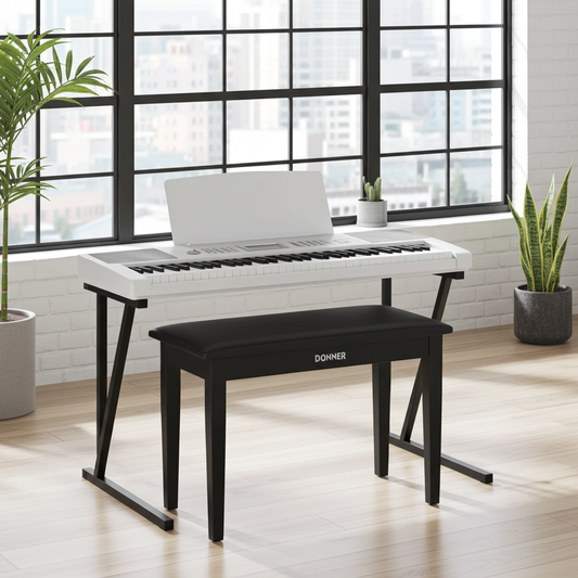 Donner Duet Piano Bench with Storage, Solid Wooden Keyboard Bench Piano Bookcase Stool Padded Cushion, Black