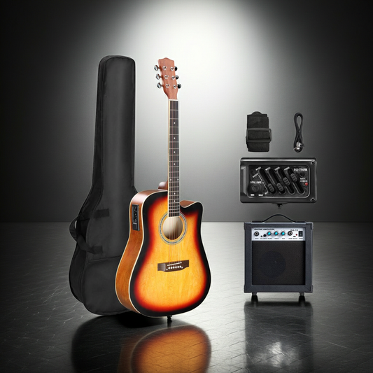 【】KMA101 41In Basswood Panel Matte Edging Folk Guitar with 10W Amplifier Bag Tuner and other Accessories Sunset
