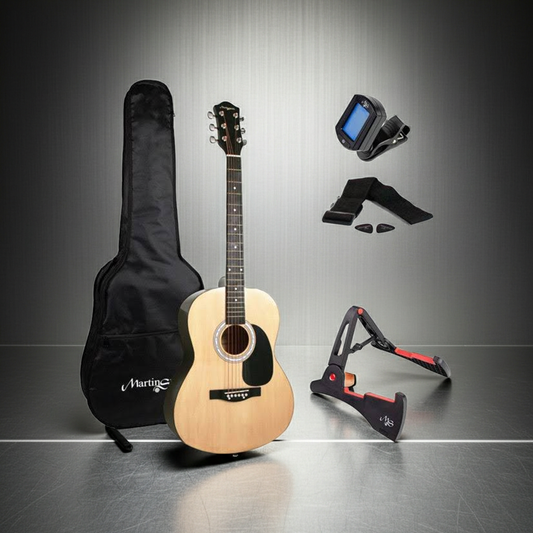 PDT Martin Smith Full-Size Acoustic Guitar Kit with Stand, Tuner, Bag, Strap, Plectrums, Spare Strings & Lessons - Natural