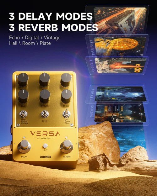 Donner Versa - Yellow Fall II 3x3 Reverb - Delay Combo Guitar Pedal with Tap Tempo - Rhythmic - Cadence