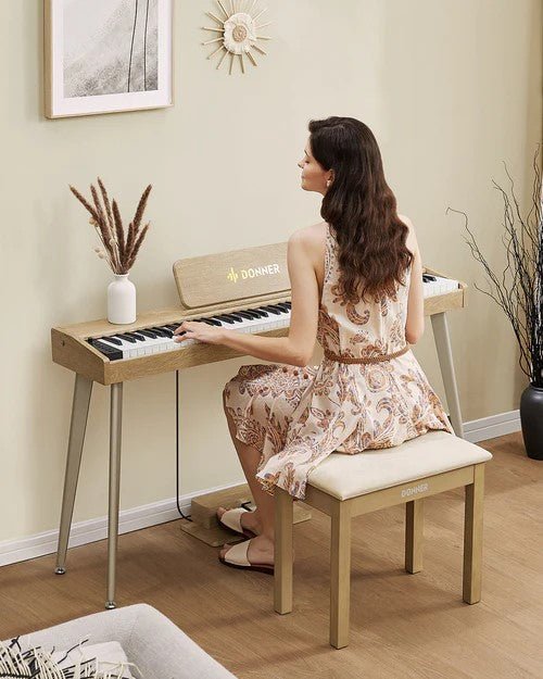 Donner Light Wood Colour Piano Bench with High - Density Suede Cushion - Rhythmic - Cadence