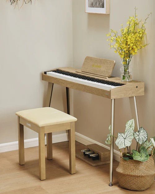 Donner Light Wood Colour Piano Bench with High - Density Suede Cushion - Rhythmic - Cadence