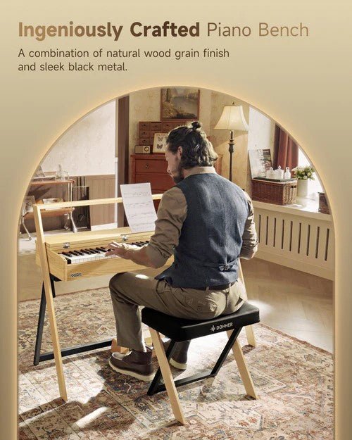 Donner DKB - 300 Home Style Thick Padded Piano Bench, Light Wood Colour - Rhythmic - Cadence