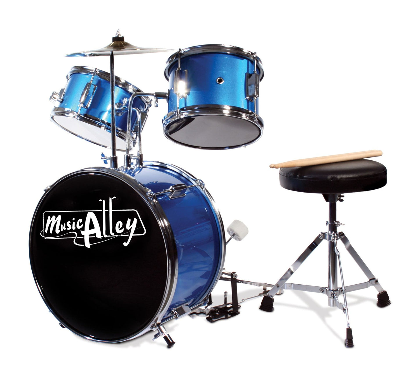PDT Music Alley 3-Piece Junior Drum Set with Drum Throne & Drumsticks - Blue