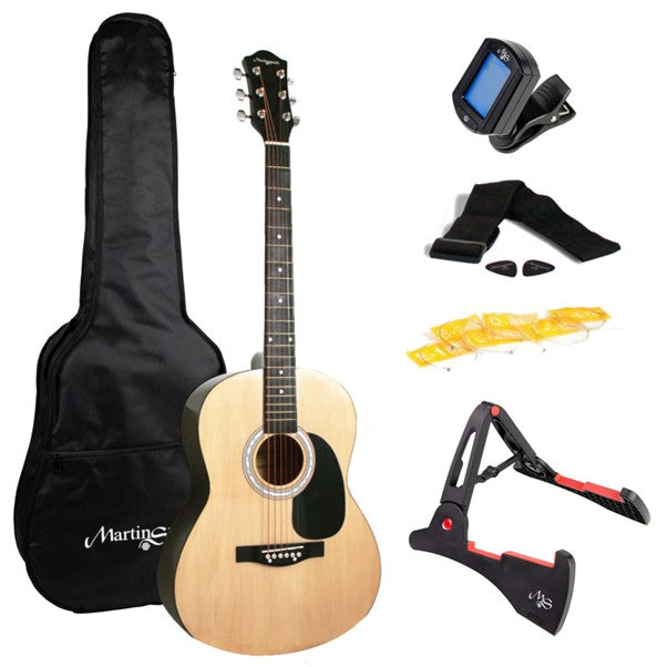PDT Martin Smith Full-Size Acoustic Guitar Kit with Stand, Tuner, Bag, Strap, Plectrums, Spare Strings & Lessons - Natural