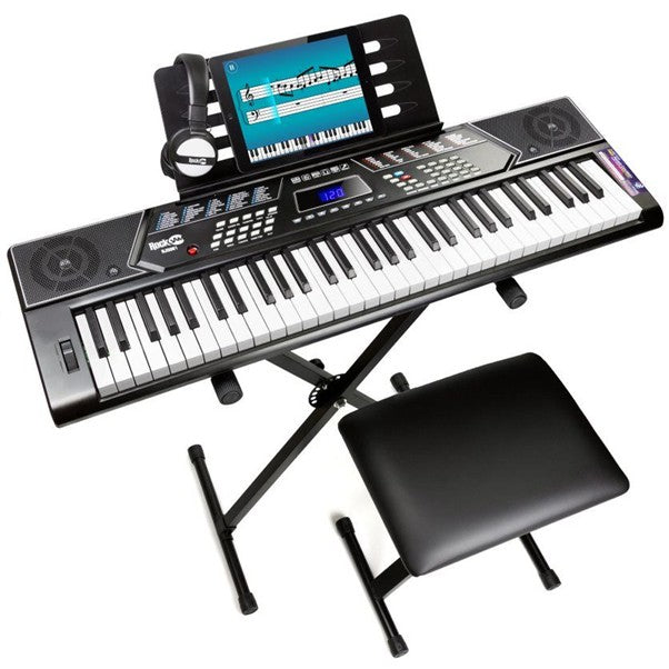PDT RockJam 61-Key Keyboard Piano Kit with Pitch Bend, Bench, Stand, Headphones, Note Stickers & Lessons