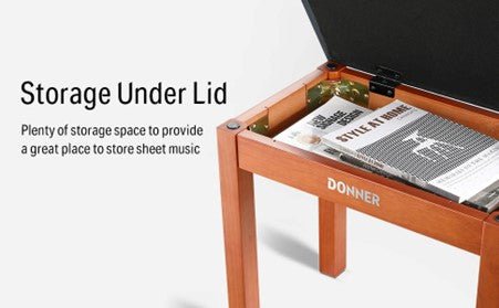Donner Piano Bench with Storage, Solid Wood Keyboard Bench Piano Bookcase Stool Chair Seat with High - Density Suede Cushion, Wood Finish - Rhythmic - Cadence