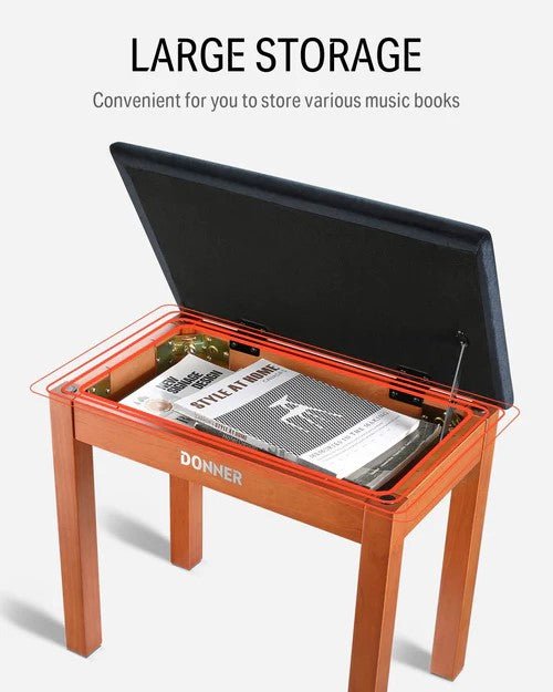 Donner Piano Bench with Storage, Solid Wood Keyboard Bench Piano Bookcase Stool Chair Seat with High - Density Suede Cushion, Wood Finish - Rhythmic - Cadence