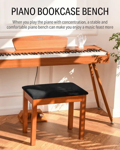 Donner Piano Bench with Storage, Solid Wood Keyboard Bench Piano Bookcase Stool Chair Seat with High - Density Suede Cushion, Wood Finish - Rhythmic - Cadence