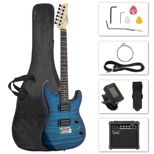 GST Stylish H - H Pickup Tiger Stripe Electric Guitar Kit with 20W AMP Bag Guitar Strap Blue - Rhythmic - Cadence