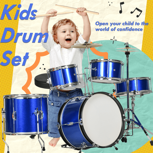 AIYAPLAY 11 Piece Junior Drum Set for Kids with Stool, Drumsticks, Blue - Rhythmic - Cadence