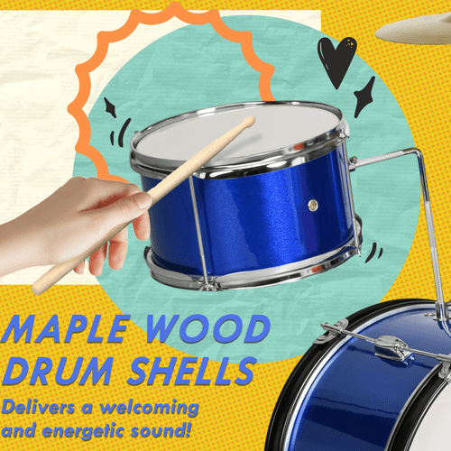 AIYAPLAY 11 Piece Junior Drum Set for Kids with Stool, Drumsticks, Blue - Rhythmic - Cadence