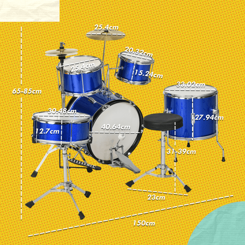 AIYAPLAY 11 Piece Junior Drum Set for Kids with Stool, Drumsticks, Blue - Rhythmic - Cadence