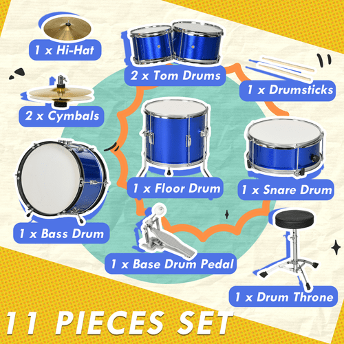 AIYAPLAY 11 Piece Junior Drum Set for Kids with Stool, Drumsticks, Blue - Rhythmic - Cadence