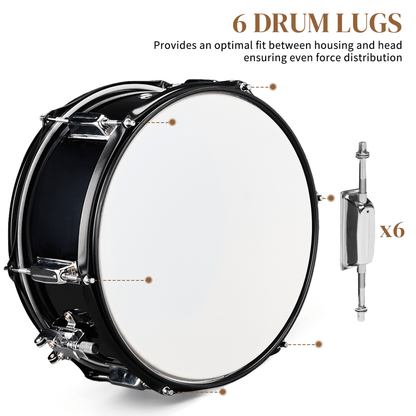 12 x 5.5 inches Professional Marching Snare Drum & Drum Stick & Strap & Wrench Kit Black - Rhythmic - Cadence