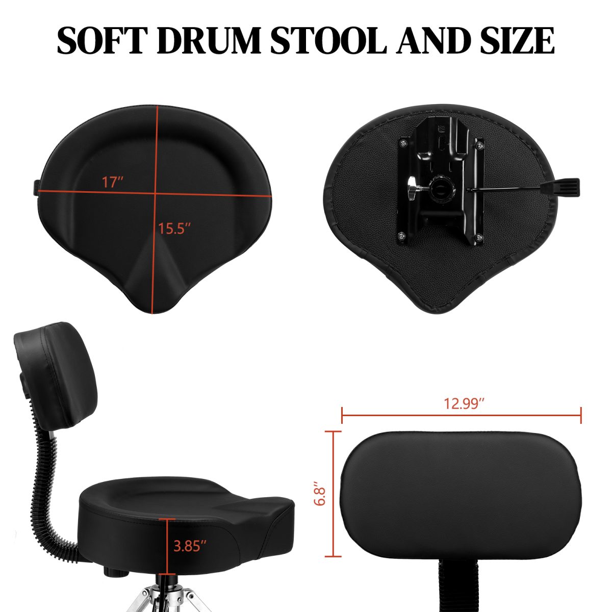 Drum Throne with Backrest, Hydraulic Drum Stool Adjustable Height, Heavy Duty Hydraulic Drum Seat Saddle Design for Drummers Black - Rhythmic - Cadence