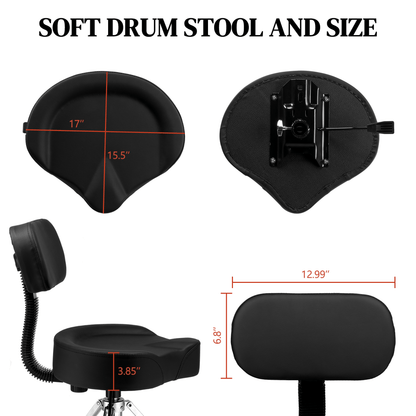 Drum Throne with Backrest, Hydraulic Drum Stool Adjustable Height, Heavy Duty Hydraulic Drum Seat Saddle Design for Drummers Black - Rhythmic - Cadence