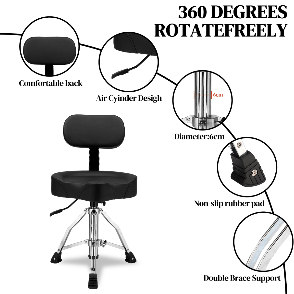Drum Throne with Backrest, Hydraulic Drum Stool Adjustable Height, Heavy Duty Hydraulic Drum Seat Saddle Design for Drummers Black - Rhythmic - Cadence