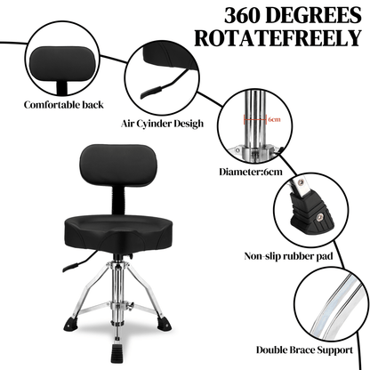 Drum Throne with Backrest, Hydraulic Drum Stool Adjustable Height, Heavy Duty Hydraulic Drum Seat Saddle Design for Drummers Black - Rhythmic - Cadence