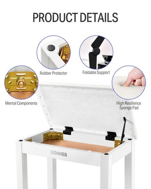 Donner DKB - 10 Piano Bench with Storage White - Rhythmic - Cadence