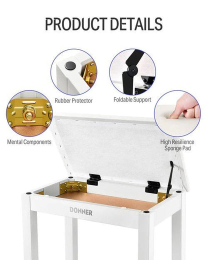 Donner DKB - 10 Piano Bench with Storage White - Rhythmic - Cadence