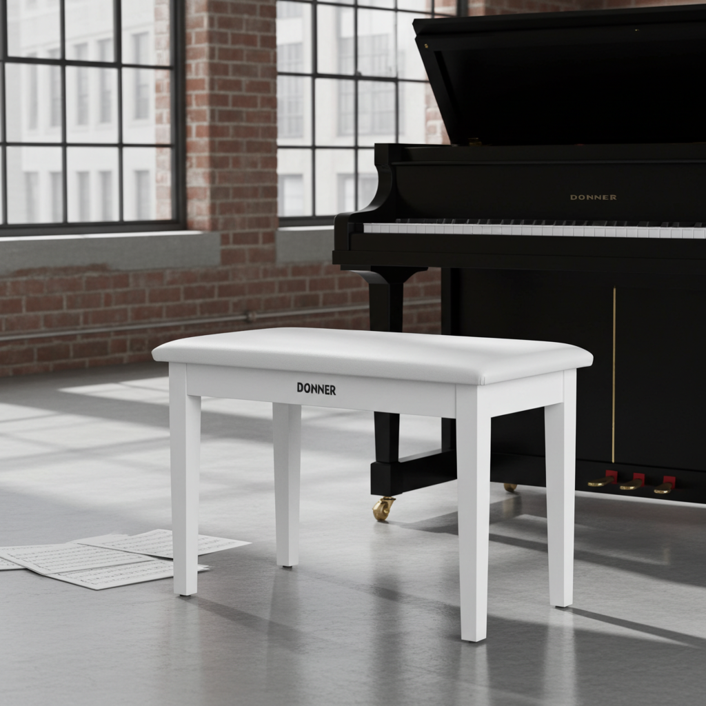 Donner Duet Piano Bench Stool with Storage White and Padded Cushion