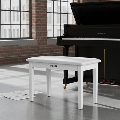 Donner Duet Piano Bench Stool with Storage White and Padded Cushion