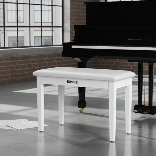 Donner Duet Piano Bench Stool with Storage White and Padded Cushion