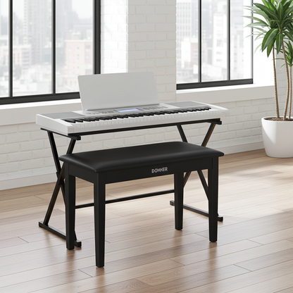 Donner Duet Piano Bench with Storage, Solid Wooden Keyboard Bench Piano Bookcase Stool Padded Cushion, Black