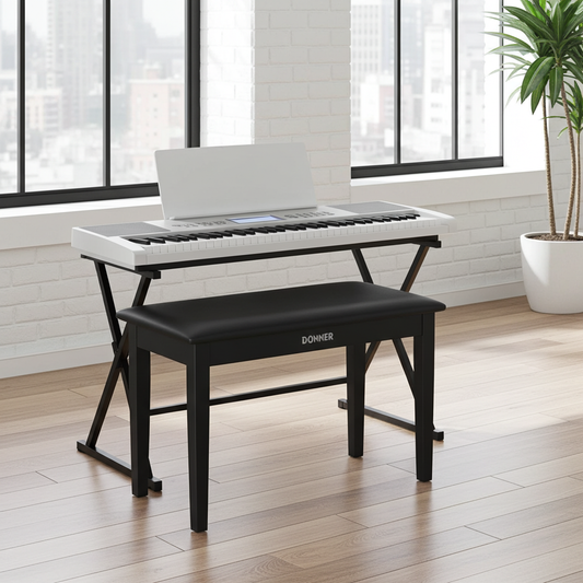 Donner Duet Piano Bench with Storage, Solid Wooden Keyboard Bench Piano Bookcase Stool Padded Cushion, Black