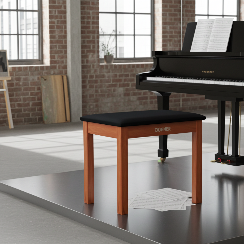 Donner Piano Bench with Storage, Solid Wood Keyboard Bench Piano Bookcase Stool Chair Seat with High-Density Suede Cushion, Wood Finish