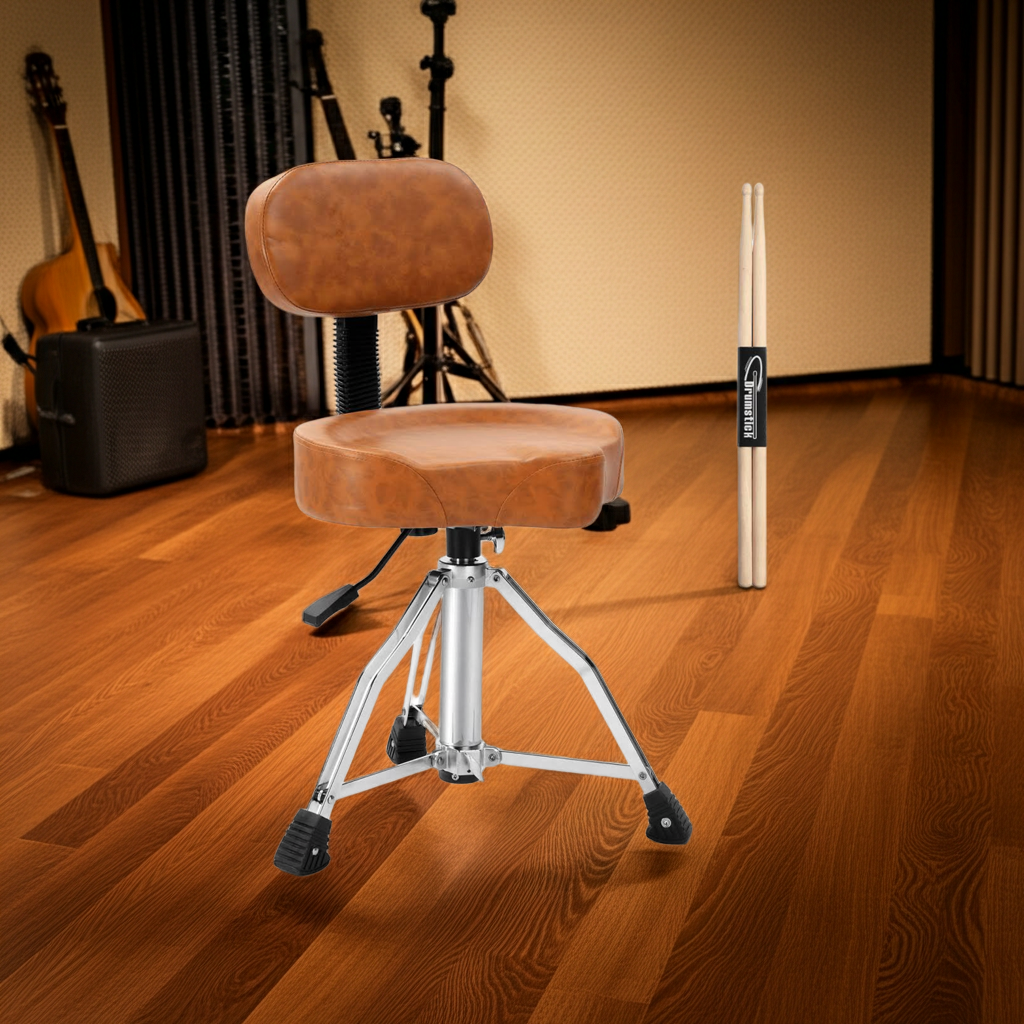 Drum Throne with Backrest, Hydraulic Drum Stool Adjustable Height, Heavy Duty Hydraulic Drum Seat Saddle Design for Drummers Brown