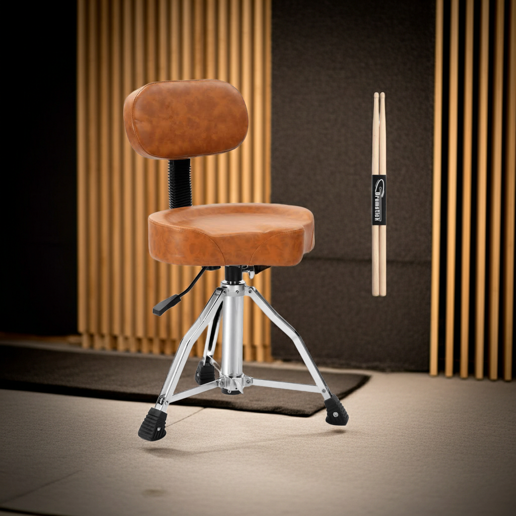 Drum Throne with Backrest, Hydraulic Drum Stool Adjustable Height, Heavy Duty Hydraulic Drum Seat Saddle Design for Drummers Brown