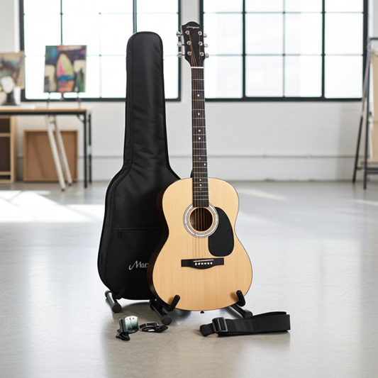 PDT Martin Smith Full-Size Acoustic Guitar Kit with Stand, Tuner, Bag, Strap, Plectrums, Spare Strings & Lessons - Natural