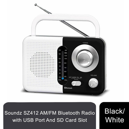 Soundz SZ412 AM/FM Bluetooth Radio with USB Port And SD Card Slot, Black/White - Rhythmic - Cadence