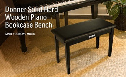 Donner Duet Piano Bench with Storage, Solid Wooden Keyboard Bench Piano Bookcase Stool Padded Cushion, Black - Rhythmic - Cadence