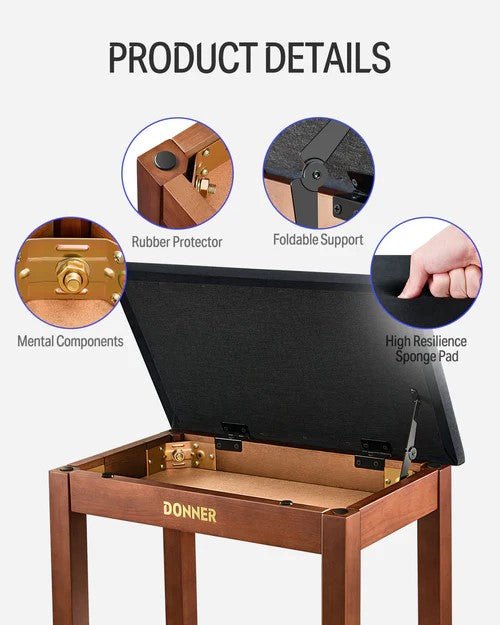 Donner DKB - 10 Keyboard Bench with Storage, Brown - Rhythmic - Cadence