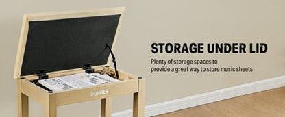 Donner Light Wood Colour Piano Bench with High - Density Suede Cushion - Rhythmic - Cadence