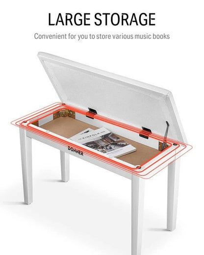 Donner Duet Piano Bench Stool with Storage White and Padded Cushion - Rhythmic - Cadence