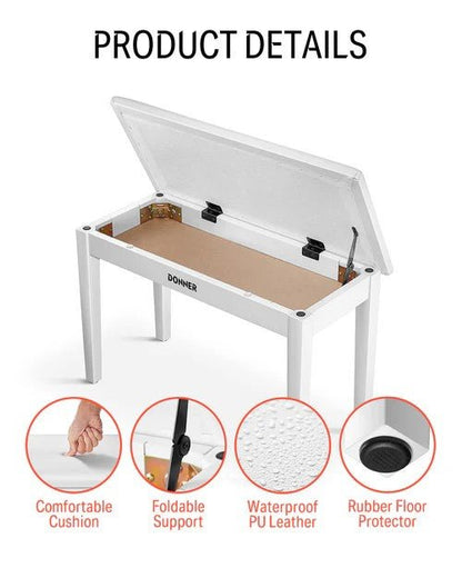Donner Duet Piano Bench Stool with Storage White and Padded Cushion - Rhythmic - Cadence