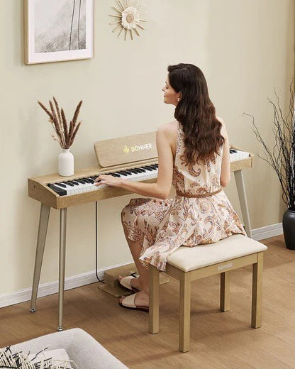 Donner Light Wood Colour Piano Bench with High - Density Suede Cushion - Rhythmic - Cadence