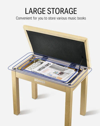 Donner Light Wood Colour Piano Bench with High - Density Suede Cushion - Rhythmic - Cadence