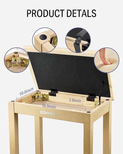 Donner Light Wood Colour Piano Bench with High - Density Suede Cushion - Rhythmic - Cadence