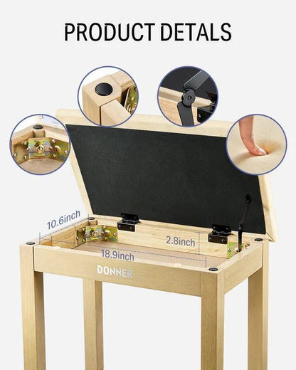 Donner Light Wood Colour Piano Bench with High - Density Suede Cushion - Rhythmic - Cadence