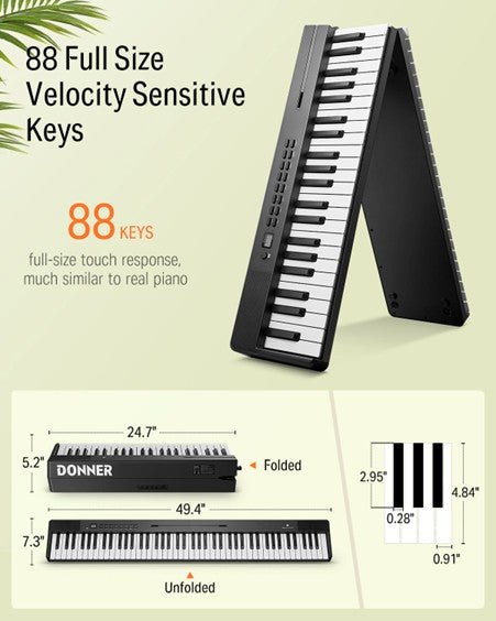 Donner DP - 10 88 - Key Foldable Semi - Weighted Digital Piano Kit with Bluetooth - Rhythmic - Cadence