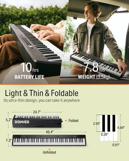 Donner DP - 10 88 - Key Foldable Semi - Weighted Digital Piano Kit with Bluetooth - Rhythmic - Cadence
