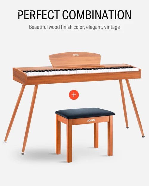 Donner Piano Bench with Storage, Solid Wood Keyboard Bench Piano Bookcase Stool Chair Seat with High - Density Suede Cushion, Wood Finish - Rhythmic - Cadence