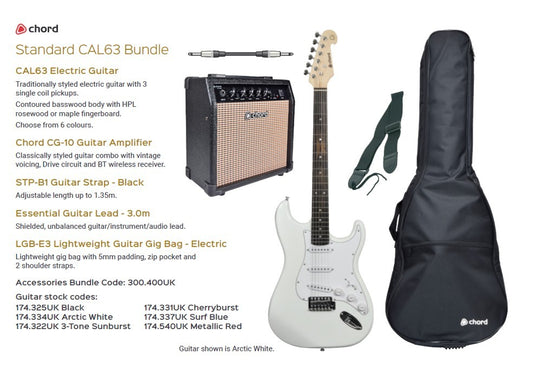 CAL63 Chord Arctic White Electric Guitar Bundle